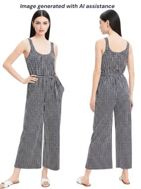 Loft petite XS navy/white wide leg belted jumpsuit with pockets